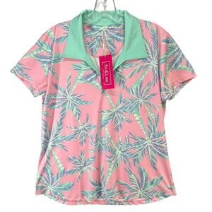 Ana Clare Active Top Womens L Pink Paradise Palm Print UPF 50 Polo Shirt Golf